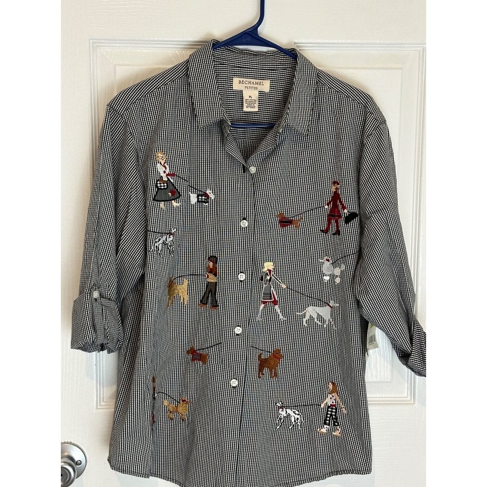 Grandma Chic Gingham Button Down Top Roll Tab Sleeves Embroidered Dogs PL